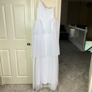 Women’s Elegant Sequins Ball Room Maxi Prom Party Mesh Dress White Size XS